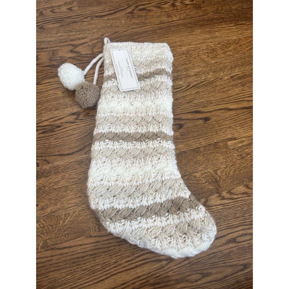 Cupcakes & Cashmere Beige White Striped Knit Christmas Stocking NWT‎ Pom Pom 22"